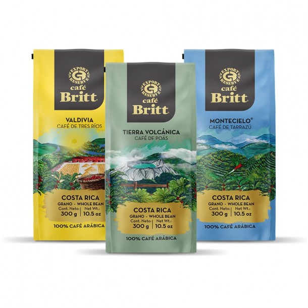 Café Britt® — Costa Rican Origins kafijas komplekts (300g) (3 iepakojumi) (Tarrazú, Tres Ríos & Poás) — kafijas pupiņas, arabikas kafija, košers, bez lipekļa, gardēdis un vidēji gaišs un tumšs grauzdējums